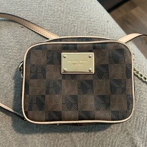 MICHAEL KORS Dark Brown Checker Crossbody with Tan Trim